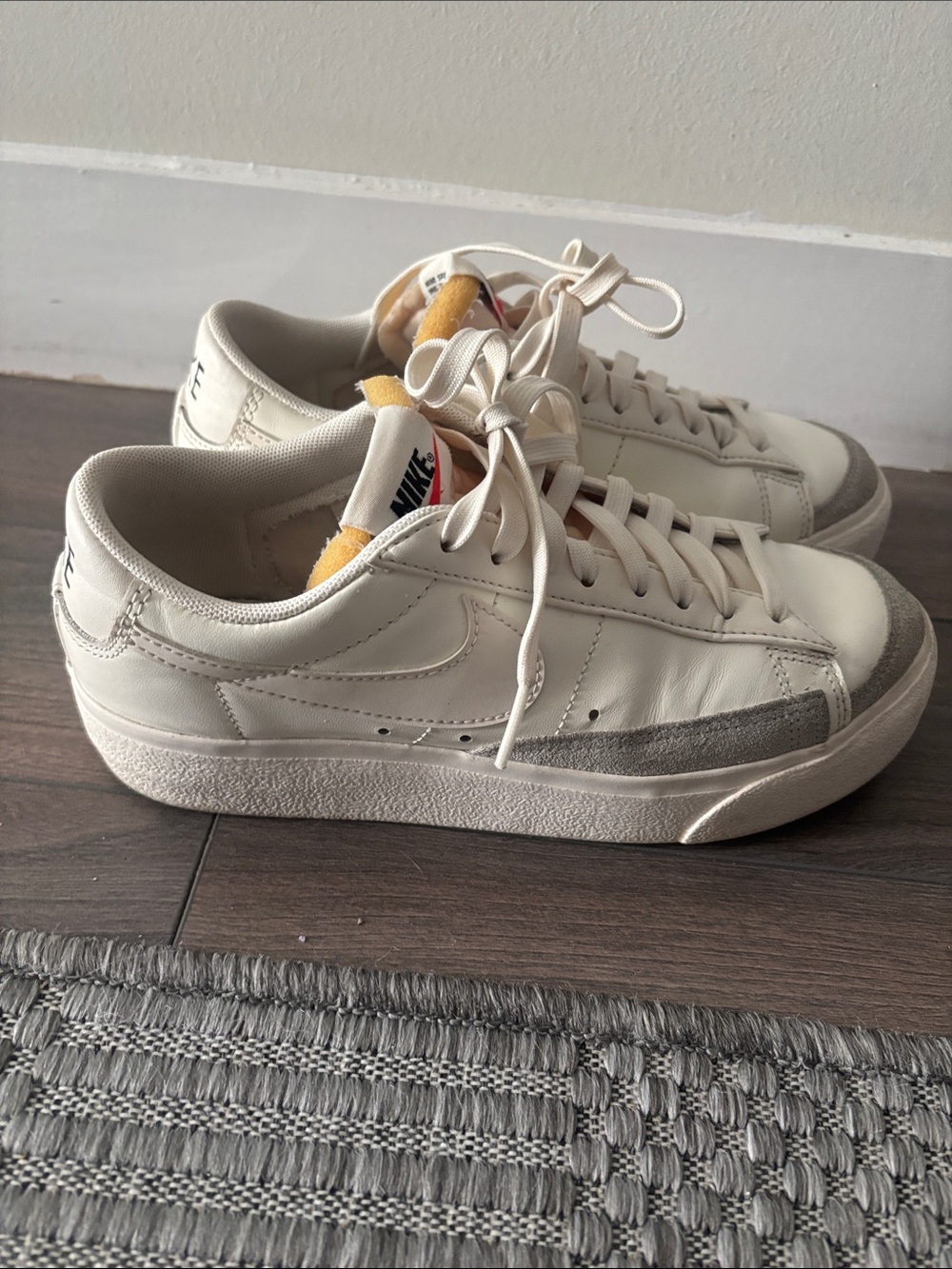 Nike Cream Leather Low-Top Sneakers with Gray Suede and Yellow Tongue